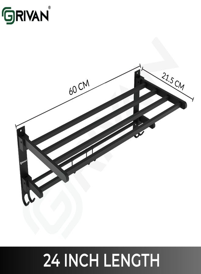GRIVAN Heavy-Duty Stainless Steel 24 Inch Foldable Towel Rack/Shelf/Stand for Bathroom, Wall-Mounted Towel Holder with Hooks and Hanger (Black Matte Finish) - Image 2